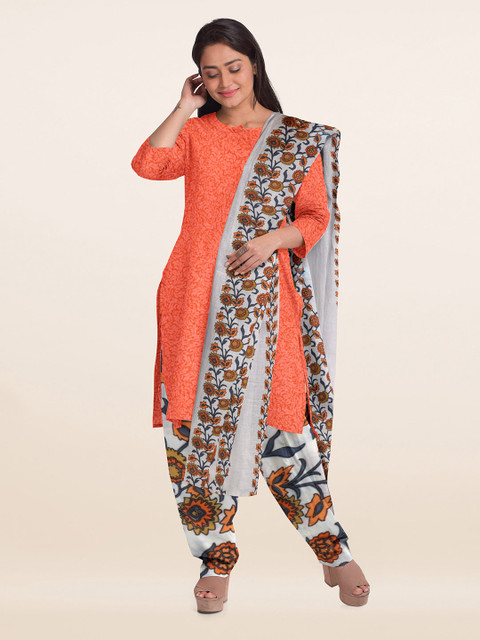 

Pothys Orange & White Printed Unstitched Dress Material
