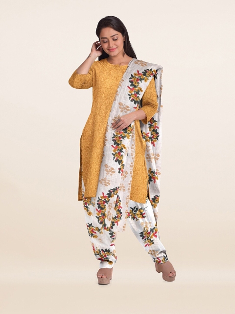 

Pothys Yellow & White Printed Unstitched Dress Material