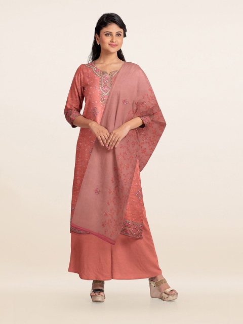 

Pothys Peach-Coloured & Silver-Toned Embroidered Satin Unstitched Dress Material