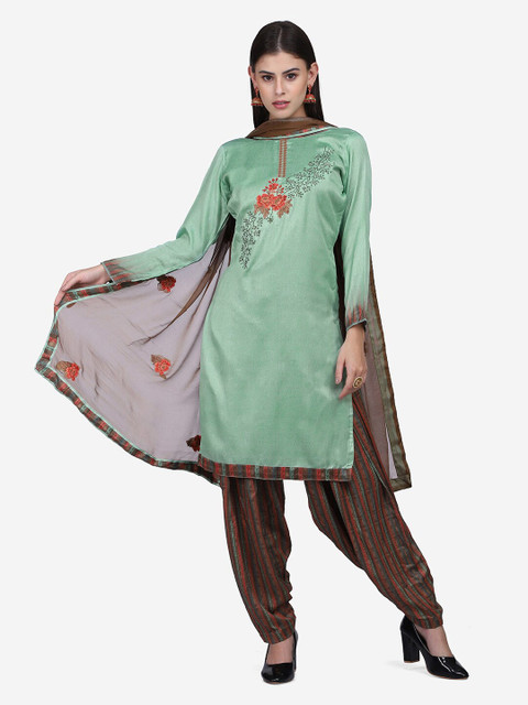 

Shaily Green & Brown Embroidered Satin Unstitched Dress Material