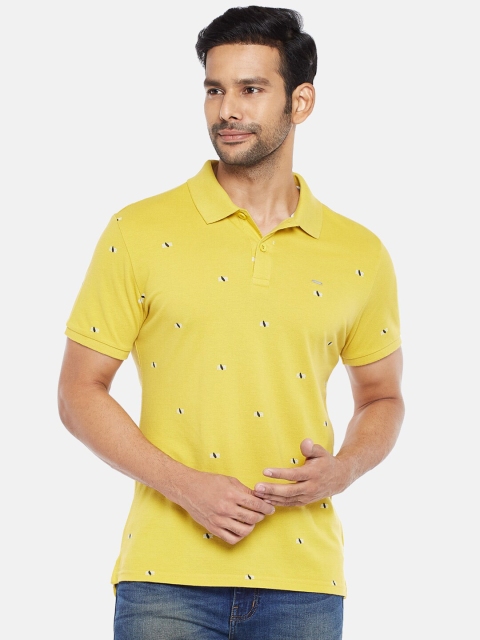 

People Men Yellow Printed Polo Collar Pure Cotton T-shirt