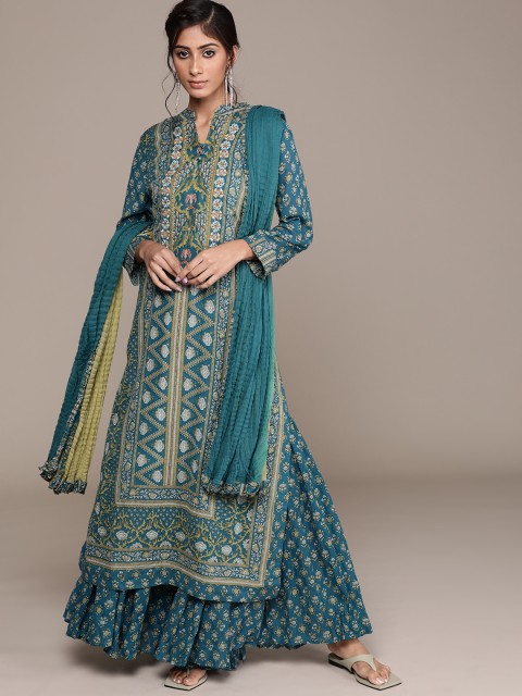 

Ritu Kumar Women Teal Blue & Green Motifs Print Straight Kurta with Sharara & Dupatta