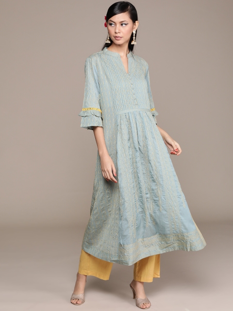

Ritu Kumar Women Blue & Yellow Geometric Embroidered Panelled Kurta with Trousers