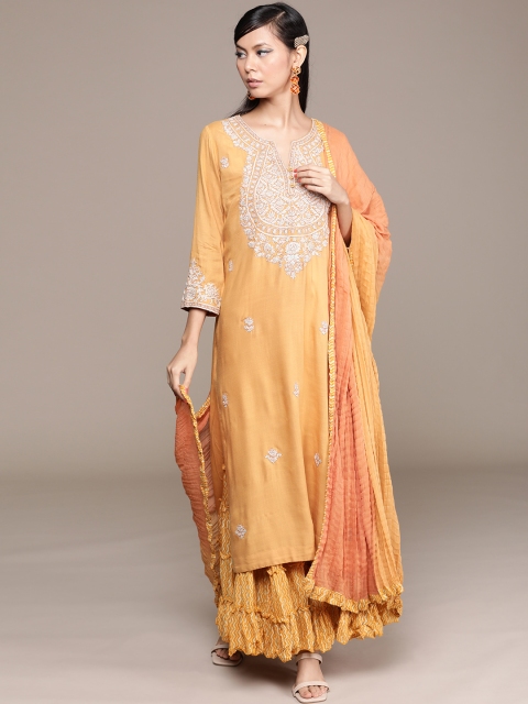 

Ritu Kumar Women Mustard Yellow Ethnic Yoke Design Embroidered Kurta Set & Dupatta