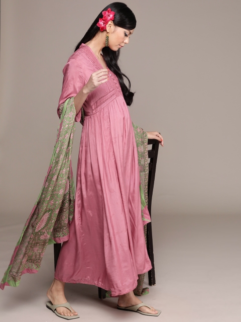 

Ritu Kumar Women Pink Solid A-line Kurta with Trousers & Dupatta