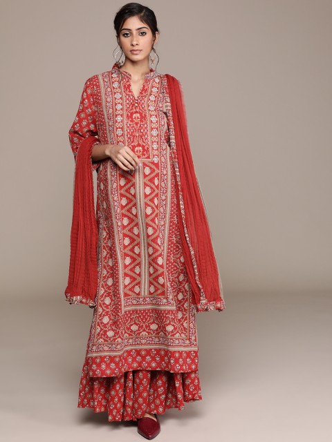

Ritu Kumar Women Red & Taupe Ethnic Printed Kurta with Sharara & Dupatta