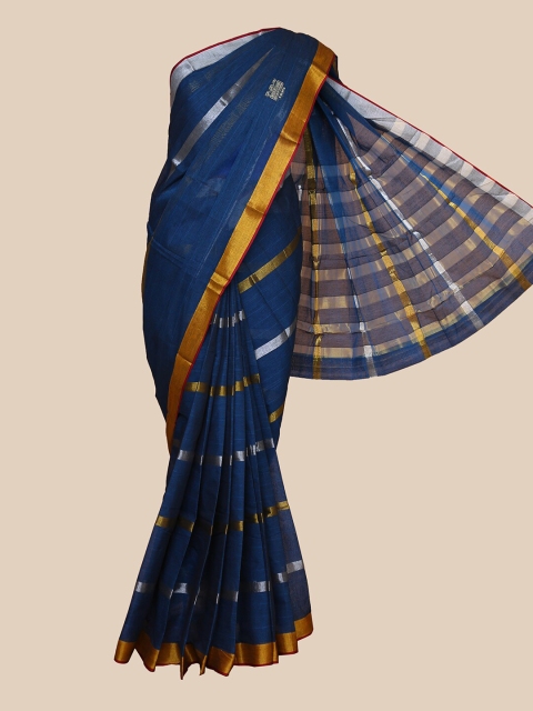 

The Chennai Silks Navy Blue & Gold Striped Zari Pure Cotton Saree