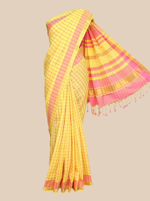 

The Chennai Silks Yellow & Pink Checked Pure Cotton Mangalagiri Saree