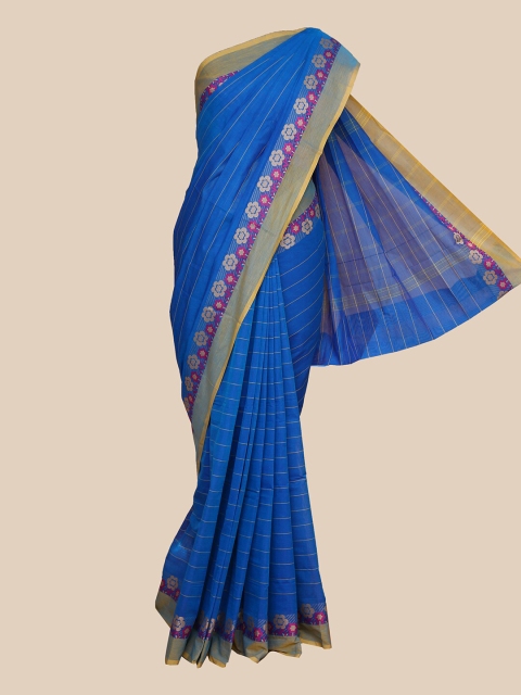 

The Chennai Silks Blue & Gold-Toned Striped Pure Cotton Chettinad Saree