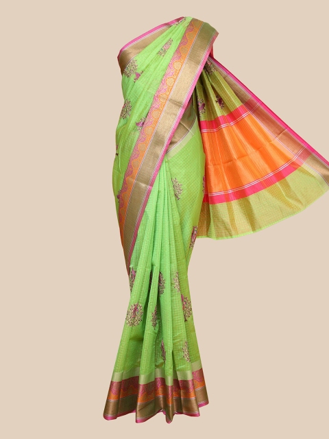 

The Chennai Silks Green & Pink Checked Embroidered Saree