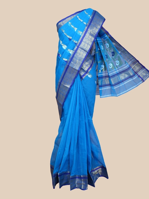 

The Chennai Silks Blue & Silver-Toned Paisley Pure Cotton Taant Saree