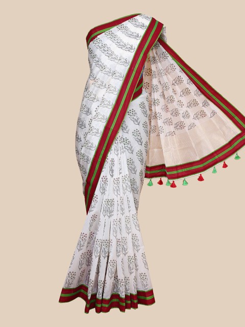 

The Chennai Silks Off White & Red Floral Fusion Chanderi Saree