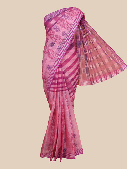 

The Chennai Silks Pink & Purple Floral Pure Cotton Bengal Taant Saree