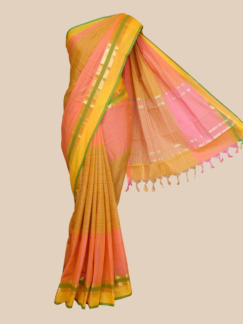 

The Chennai Silks Pink & Mustard Striped Zari Pure Cotton Saree