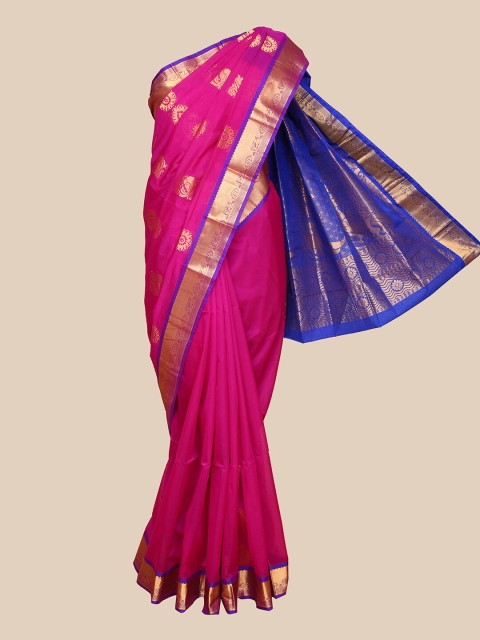 

The Chennai Silks Magenta & Blue Ethnic Motifs Zari Silk Cotton Maheshwari Saree