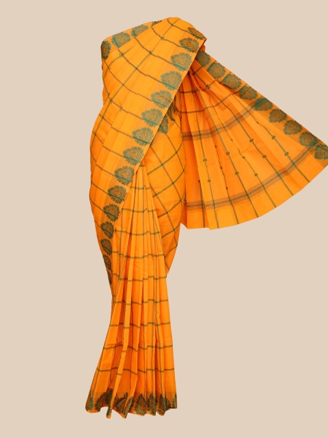 

The Chennai Silks Orange & Green Checked Zari Pure Cotton Fusion Chettinad Saree