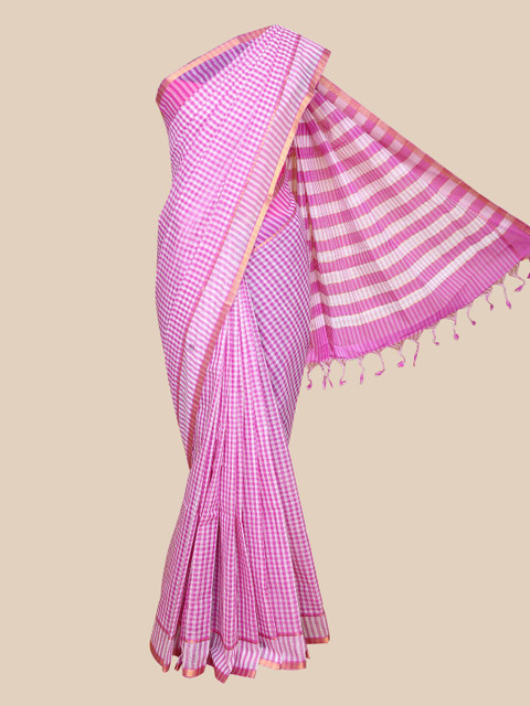 

The Chennai Silks Pink & White Checked Zari Pure Cotton Mangalagiri Saree