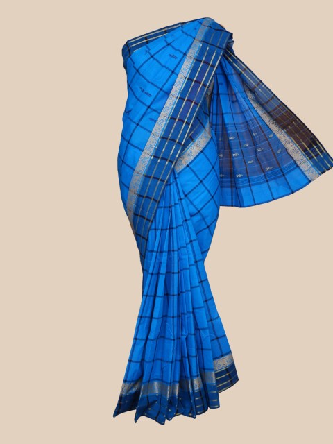

The Chennai Silks Blue & Silver-Toned Checked Pure Cotton Chettinad Saree