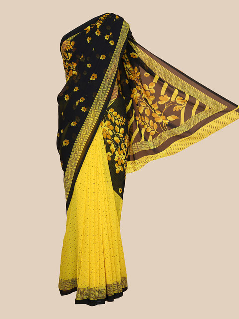 

The Chennai Silks Yellow & Black Floral Half & Half Saree