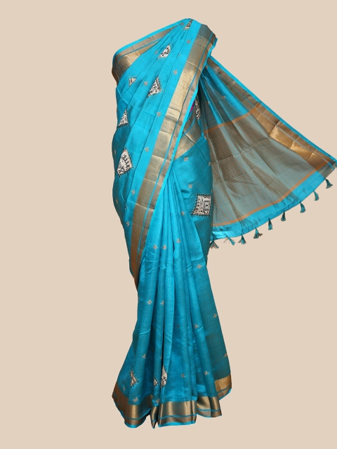 

The Chennai Silks Blue & White Ethnic Motifs Embroidered Saree