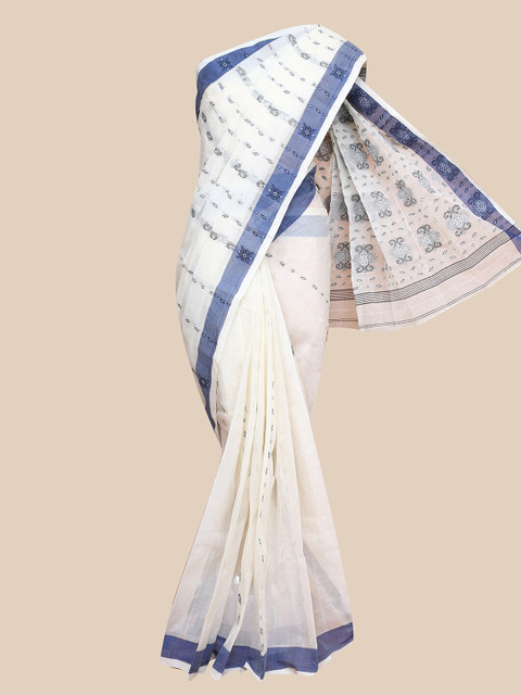 

The Chennai Silks Off White & Blue Ethnic Motifs Printed Pure Cotton Bengal Taant Saree