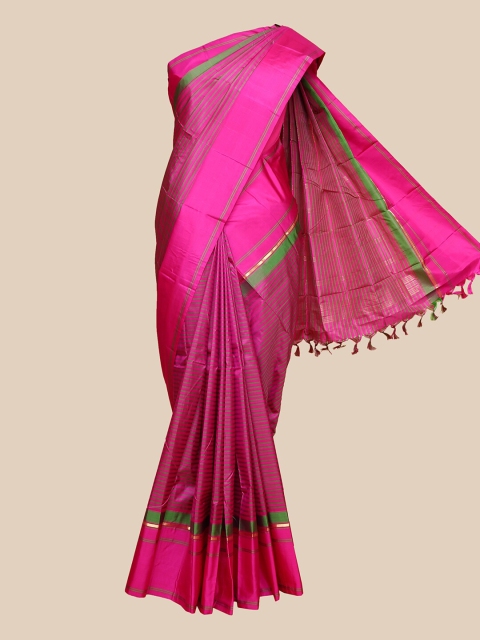 

The Chennai Silks Pink & Green Striped Zari Pure Silk Arani Saree