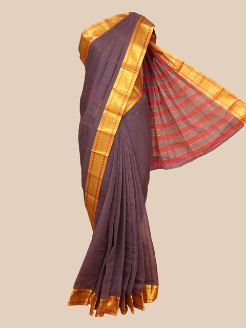 

The Chennai Silks Brown & Gold-Toned Striped Pure Cotton Fusion Saree