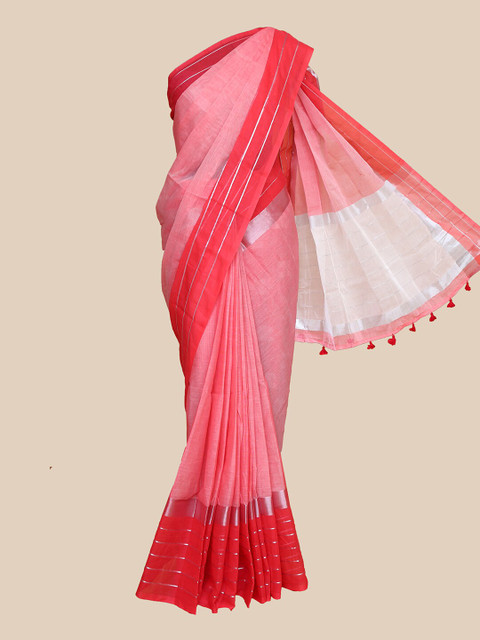 

The Chennai Silks Pink & Red Woven Design Zari Pure Cotton Saree