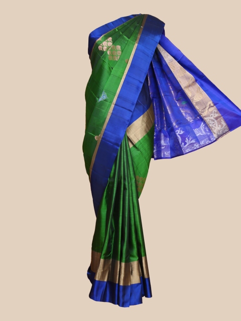 

The Chennai Silks Green & Blue Ethnic Motifs Zari Pure Silk Kanjeevaram Saree