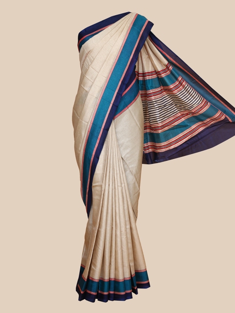

The Chennai Silks Beige & Navy Blue Solid Saree