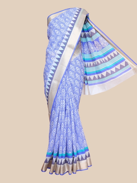 

The Chennai Silks Blue & White Printed Fusion Chanderi Saree