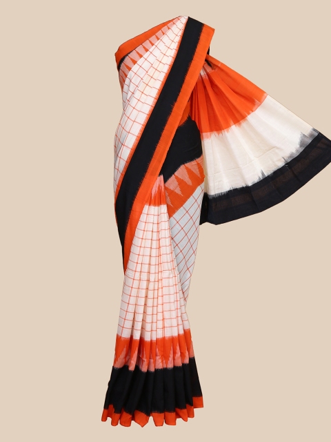 

The Chennai Silks Off White & Orange Checked Pure Cotton Ikat Saree