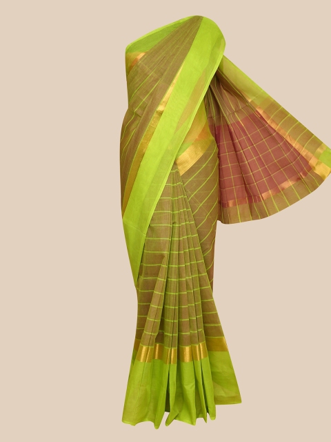 

The Chennai Silks Green & Gold-Toned Striped Zari Pure Cotton Fusion Chettinad Saree