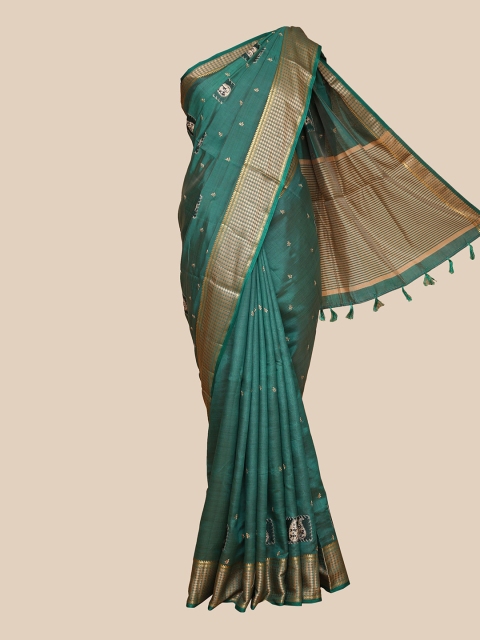 

The Chennai Silks Green & Gold-Coloured Ethnic Motifs Embroidered Dupion Saree