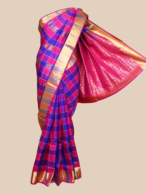 

The Chennai Silks Blue & Pink Checked Zari Pure Silk Kanjeevaram Saree