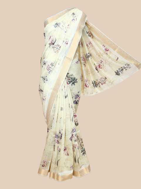 

The Chennai Silks Cream-Coloured & Black Floral Fusion Chanderi Saree