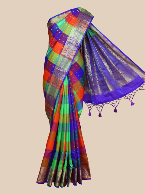 

The Chennai Silks Green & Blue Checked Zari Art Silk Saree