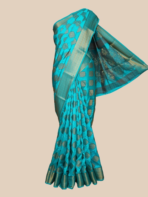 

The Chennai Silks Blue & Gold-Toned Ethnic Motifs Fusion Banarasi Saree