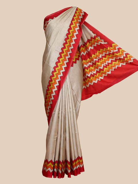 

The Chennai Silks Beige & Red Printed Fusion Saree