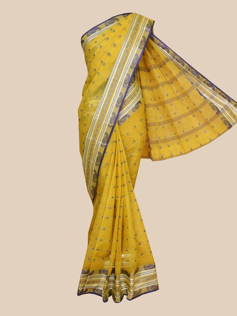 

The Chennai Silks Mustard & Blue Woven Design Zari Pure Cotton Fusion Taant Saree