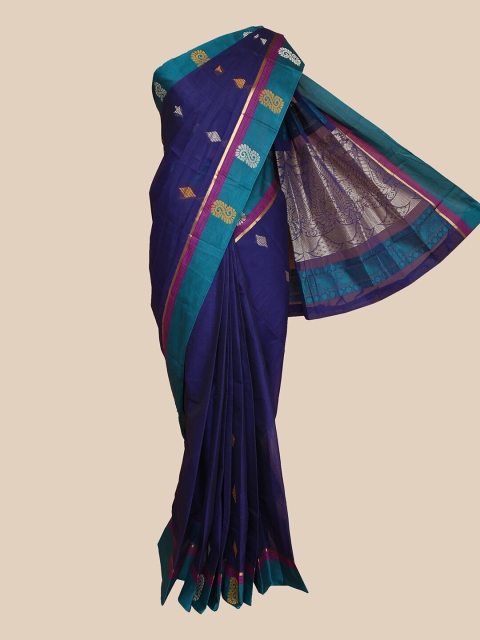 

The Chennai Silks Navy Blue & Teal Ethnic Motifs Zari Pure Cotton Saree