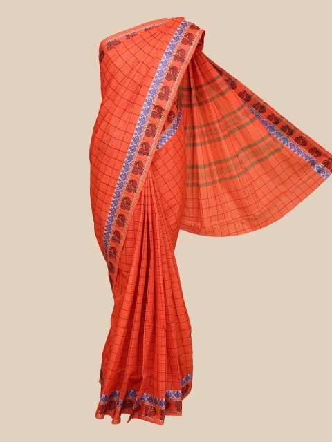 

The Chennai Silks Orange & White Checked Pure Cotton Fusion Chettinad Saree