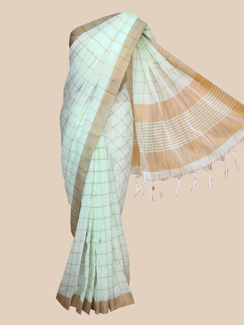 

The Chennai Silks Green & Brown Checked Linen Blend Fusion Saree