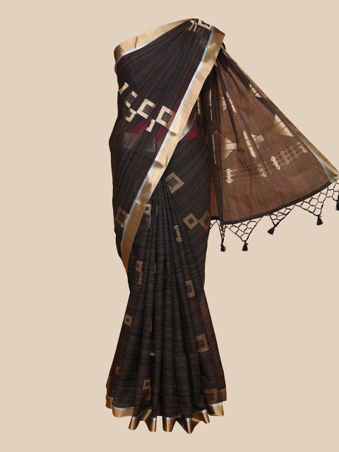 

The Chennai Silks Brown & Gold-Toned Zari Silk Cotton Maheshwari Saree