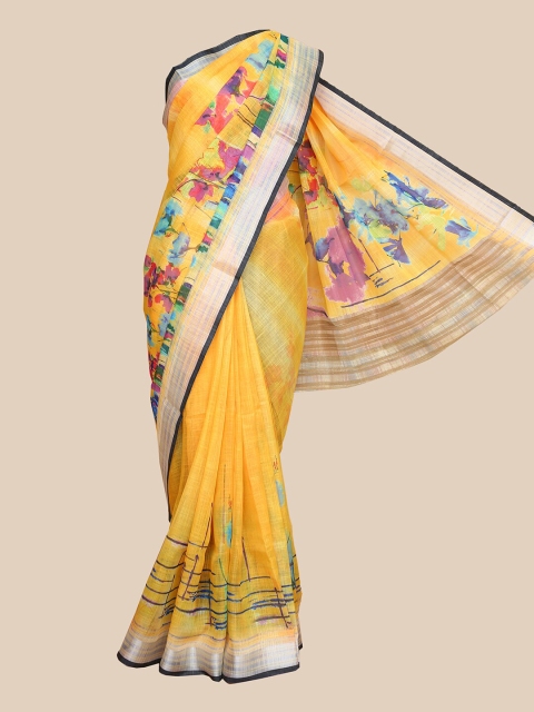 

The Chennai Silks Yellow & Pink Printed Linen Blend Fusion Saree