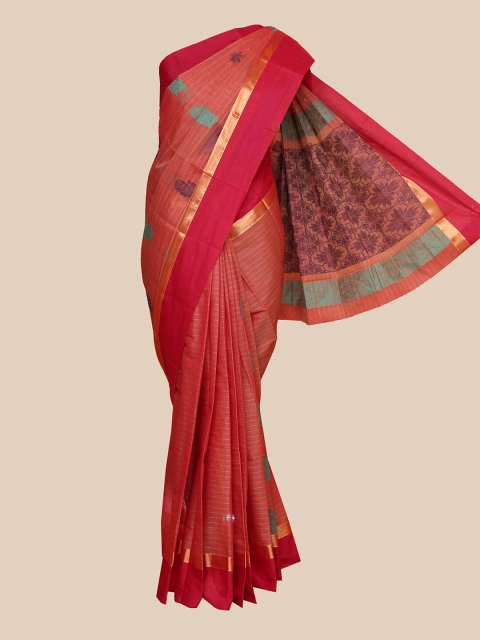 

The Chennai Silks Rust Brown & Gold-Toned Striped Silk Cotton Maheshwari Saree