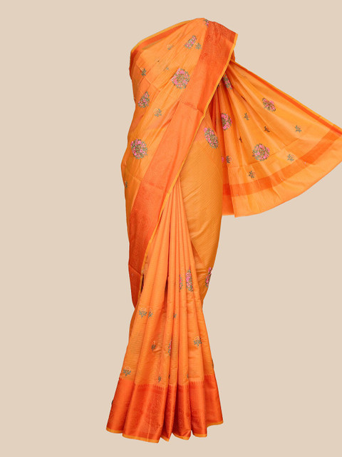 

The Chennai Silks Orange & Pink Striped Embroidered Fusion Banarasi Saree