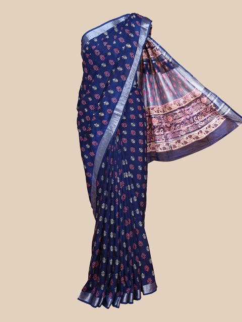 

The Chennai Silks Navy Blue & Pink Ethnic Motifs Printed Zari Pure Cotton Saree