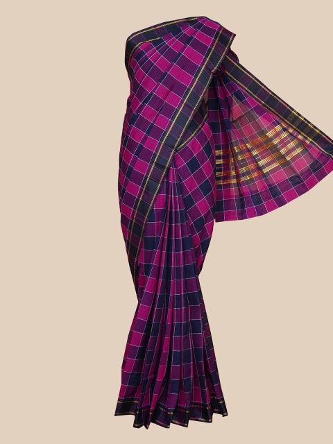 

The Chennai Silks Pink & Navy Blue Checked Zari Pure Cotton Fusion Chettinad Saree