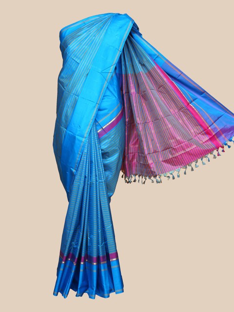 

The Chennai Silks Blue & Pink Striped Handloom Pure Silk Arani Saree